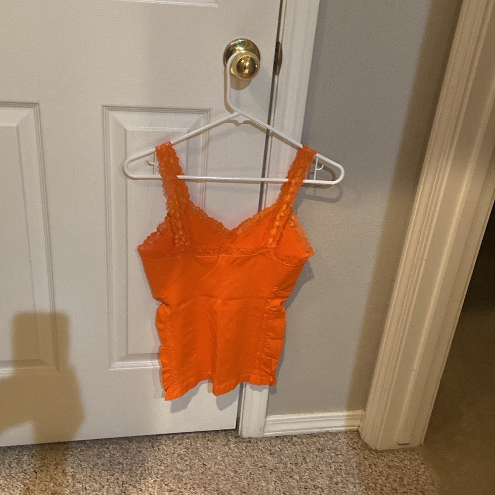 Orange rouched with lace tank top
